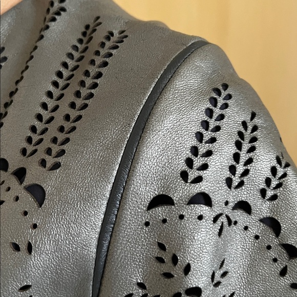 CATHERINE DEANE Modern Leather & Silk Eyelet/Cut Out Gunmetal Party Dress SZ 6 - Picture 4 of 16